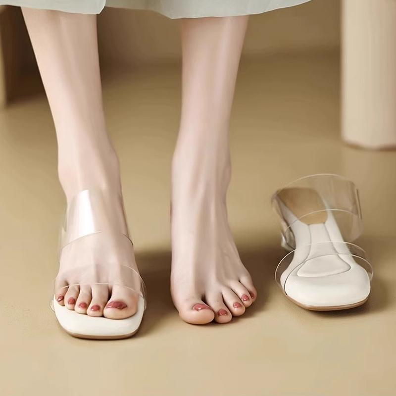 Fashion Soft Padded Crystal Heeled Mules Woman Transparent PVC Sandals Ladies Fashion Slip-on Square Toe Low Heel Clear Slipper Shoes