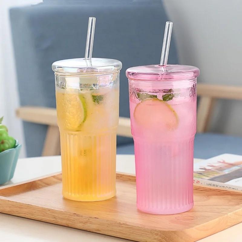 600ML Glass Cup Milk Coffee Cup with Lid And Straw Transparent Stripe Water  Mug Drinking Glasses Juice Tea Cup Drinkware