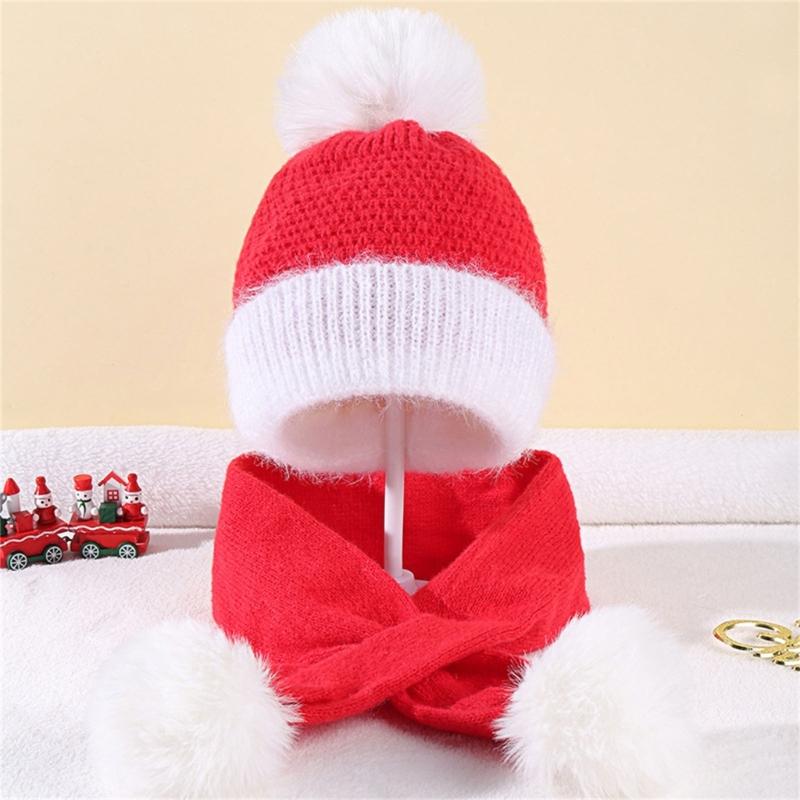 Crochet Knitted Warm Hat Christmas Baby Beanie Bonnet Hat with Hairball and Neck Scarf Set for Infant Girls Boys 0-3Year