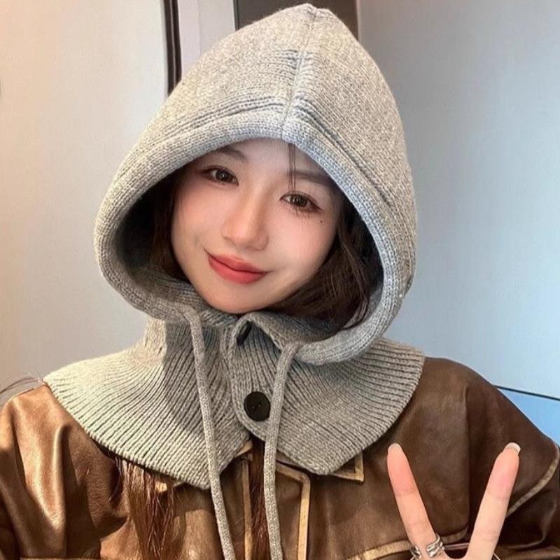 Autumn Winter Warm Neck Protection Knit Balaclava Hat Thickened Ear Protection Wool Hat Drawstring One Piece Scarf Hooded Cap