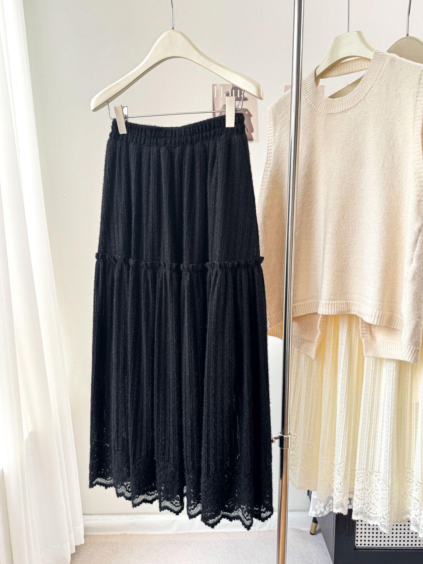 Lace Brushed Patchwork A-Line Midi Skirt - Women s High Waist Autumn/Winter One Size чёрный