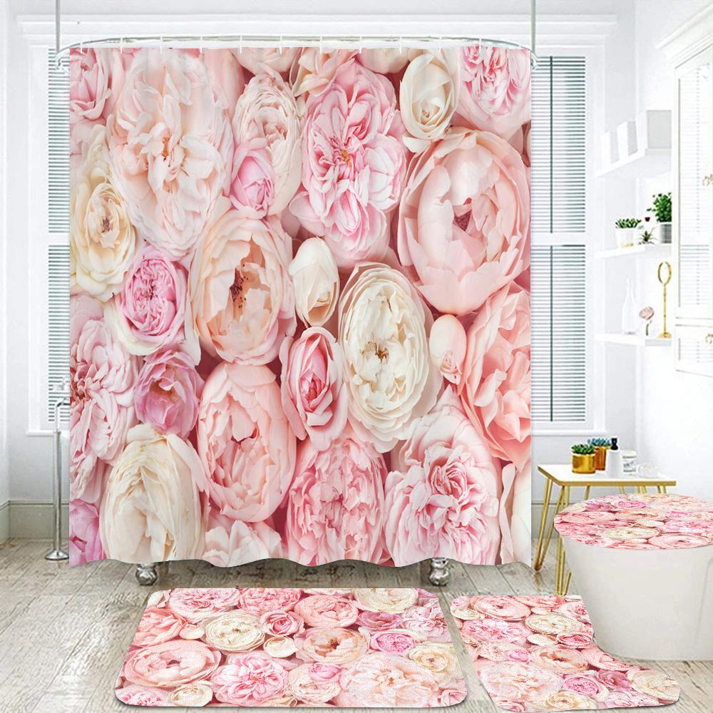 

Tulip Flowers Bathroom Curtains Floral Fabric Shower Curtain Set Bath Mats Rugs Toilet Lid Cover Anti-Skid Carpet Home Decor W60H190(CM)-1 Pcs