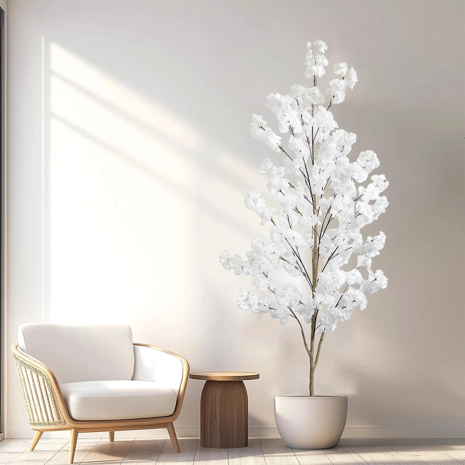 For 100-220cm Artificial White Cherry Tree Plant Natural Trunk Silk Fake Leaves Ornamental Indoor Faux Plant For Home Wedding De