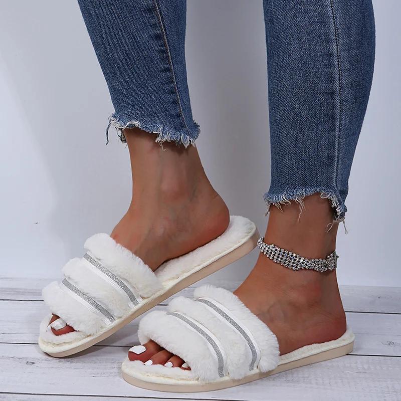 Fashion Stylish Sequins Decor Slippers for Women House Furry Flat Slippers Woman Indoor Non Slip Wear-Resistant Sandals Female