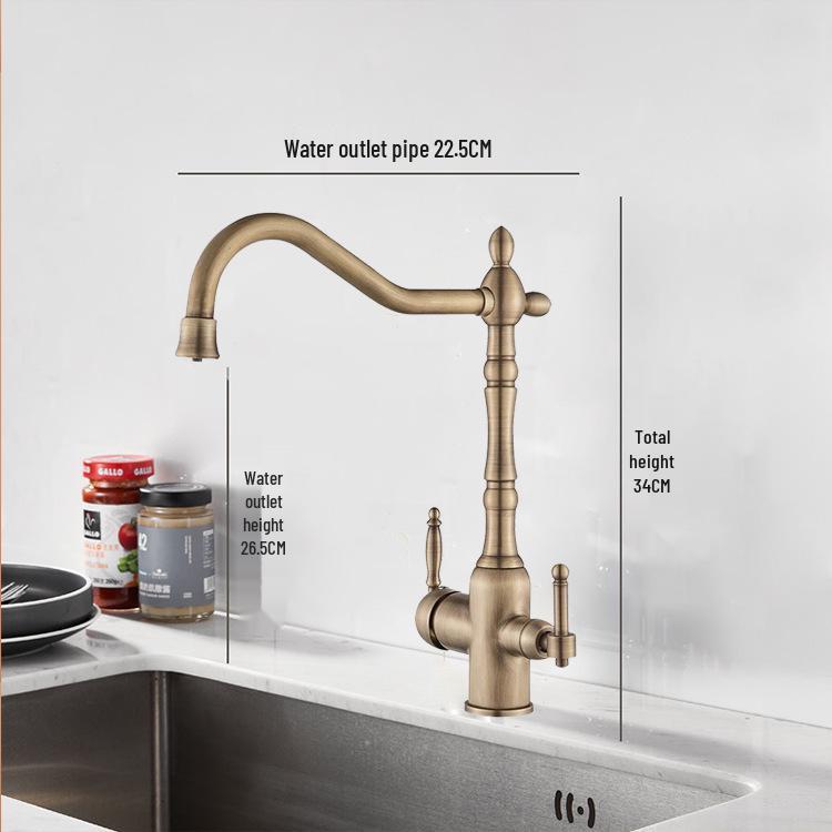 Antique Gold All-Copper 3-in-1 Kitchen Faucet: Hot/Cold Water for Sink & Vegetable Wash Basin, Splash-Proof Design
