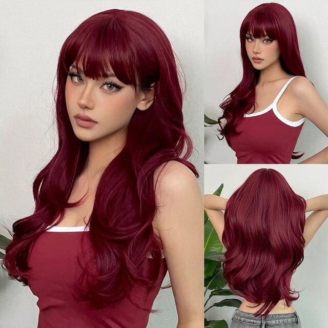 Wine Red Long Wavy Synthetic Wig High Temperature Natural Wig with Bangs Colorful Party Cosplay Hair for Black Women