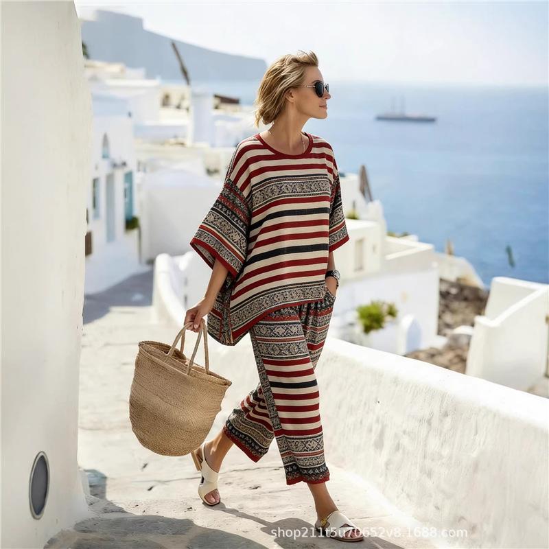 Summer new two-piece set, seven-quarter-sleeved women's round neck bohemian print casual suit