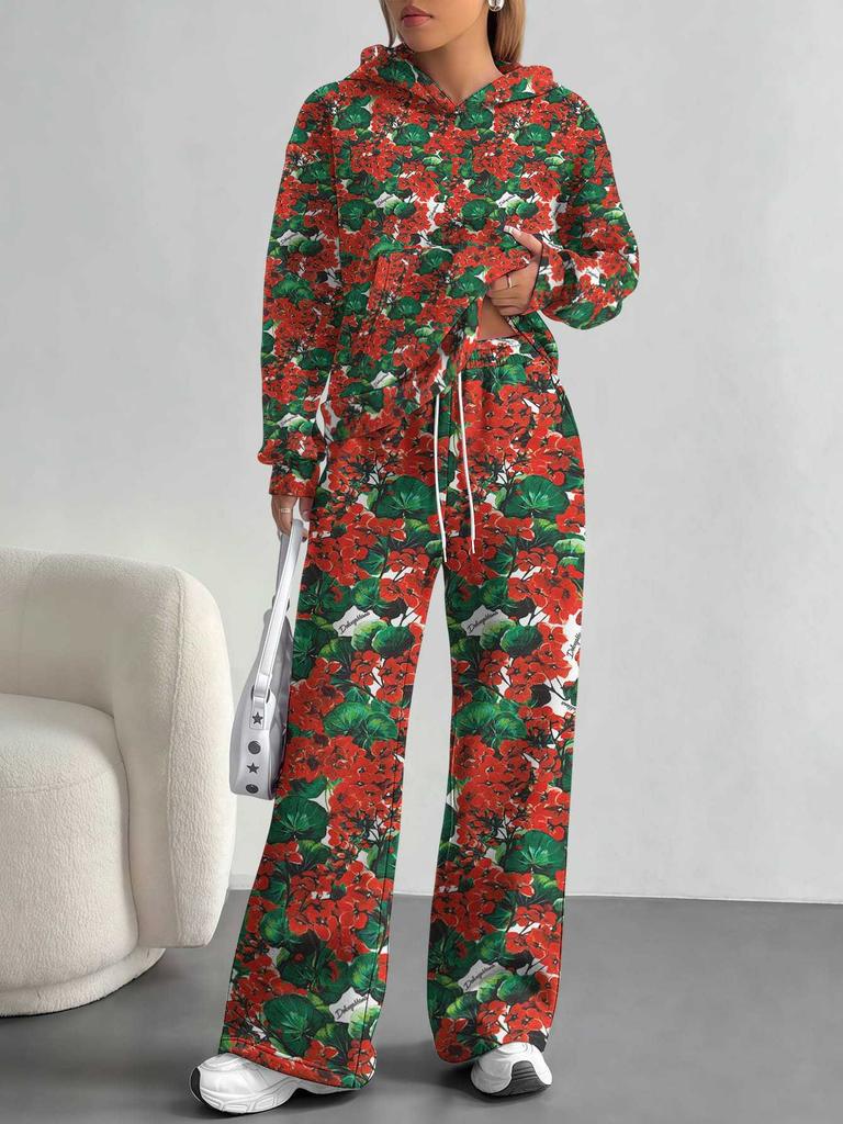 European, American Autumn And Winter Casual Retro Flower Long-Sleeved Suit Women'S Hooded Sweater Trousers Two-Piece Set