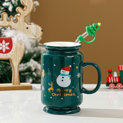 Christmas Gift Straw Cup Cartoon Mug with Handle Large Capacity Simple Set Ceramic Cup High Temperature Resistant Water Cup
