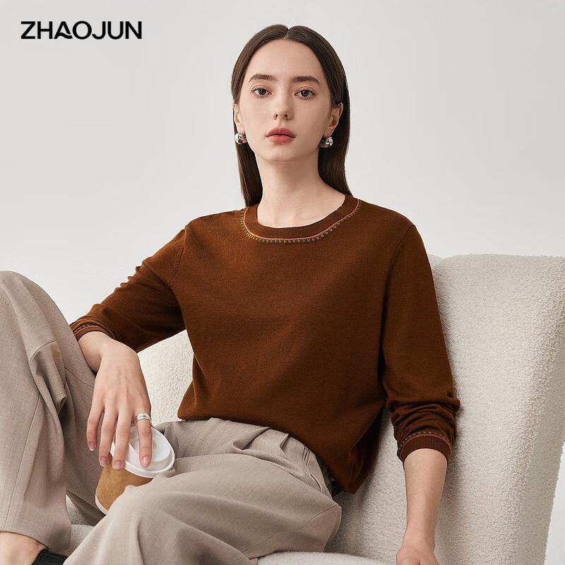 Zhaojun Women's Fine Wool Contrast Stitch Round Neck Sweater