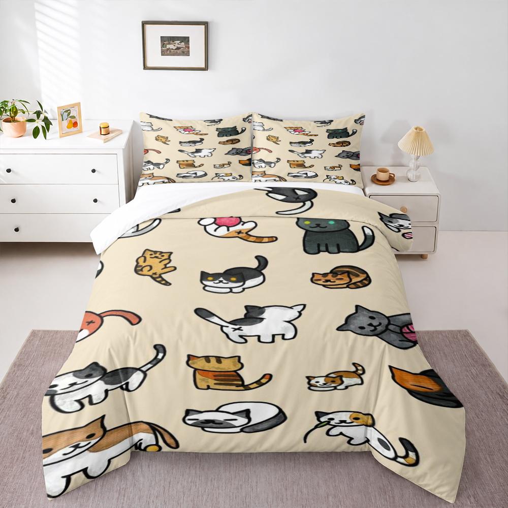 Watercolor Doodle Cats Bedding set (1 duvet cover, 2 pillowcases, duvet not included), Beige Cute Playful Kittens Pattern Art Print