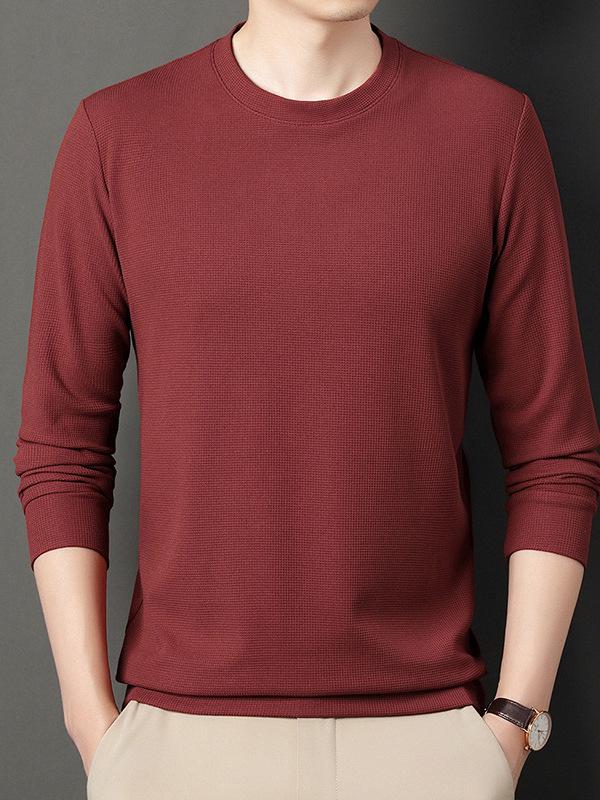 Men's Waffle Knit Long-Sleeve Hoodie - Solid Color Versatile Round Neck T-Shirt for Spring and Autumn