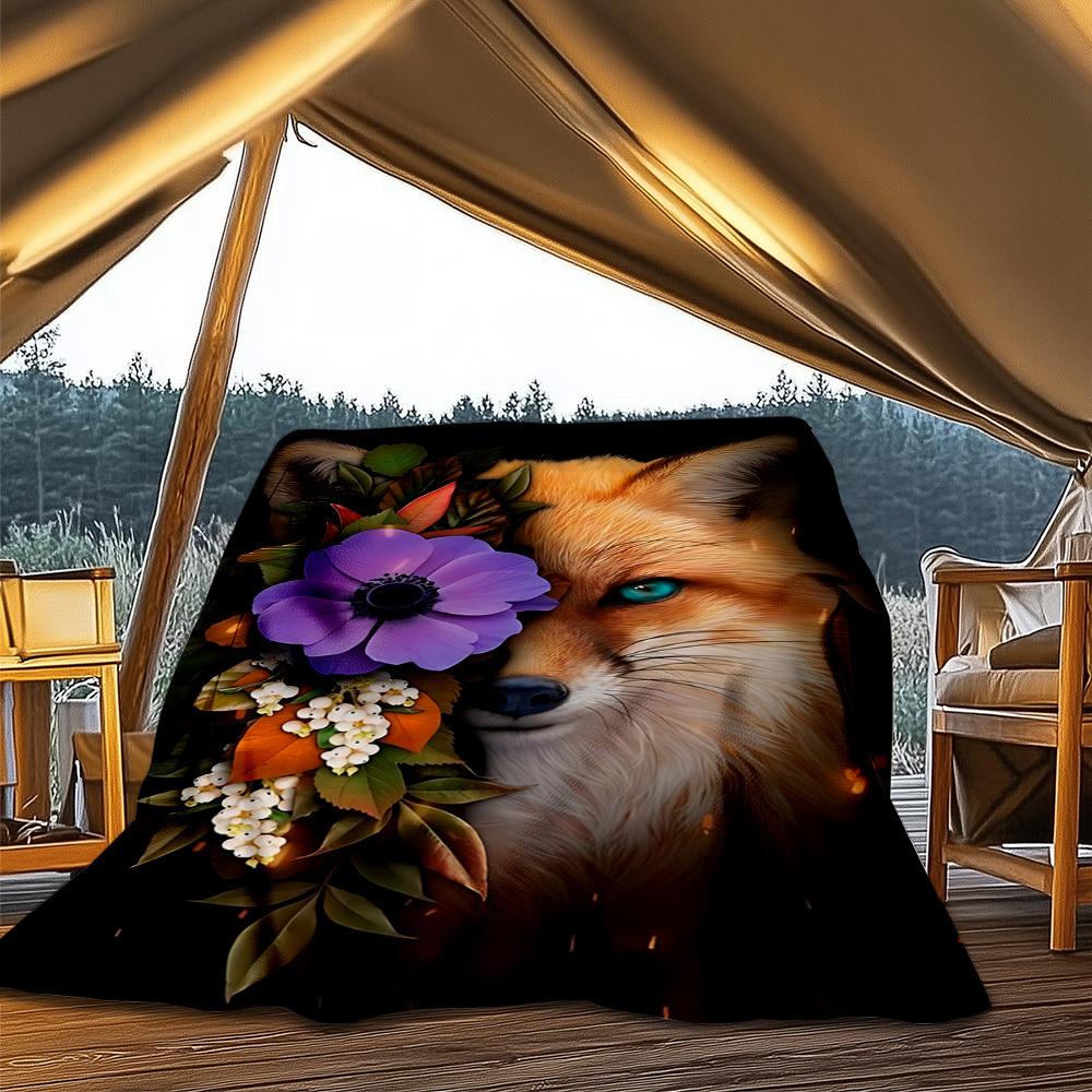1pc Fox Flower Wreath Outdoor Flannel Blanket Soft All Season Polyester Throw , Perfect for Picnics & Travel , Picnic Accessory