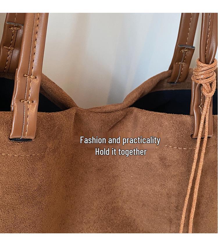 Large Capacity Casual Dark Suede Tote - Versatile Autumn/Winter Commute Shoulder Bag