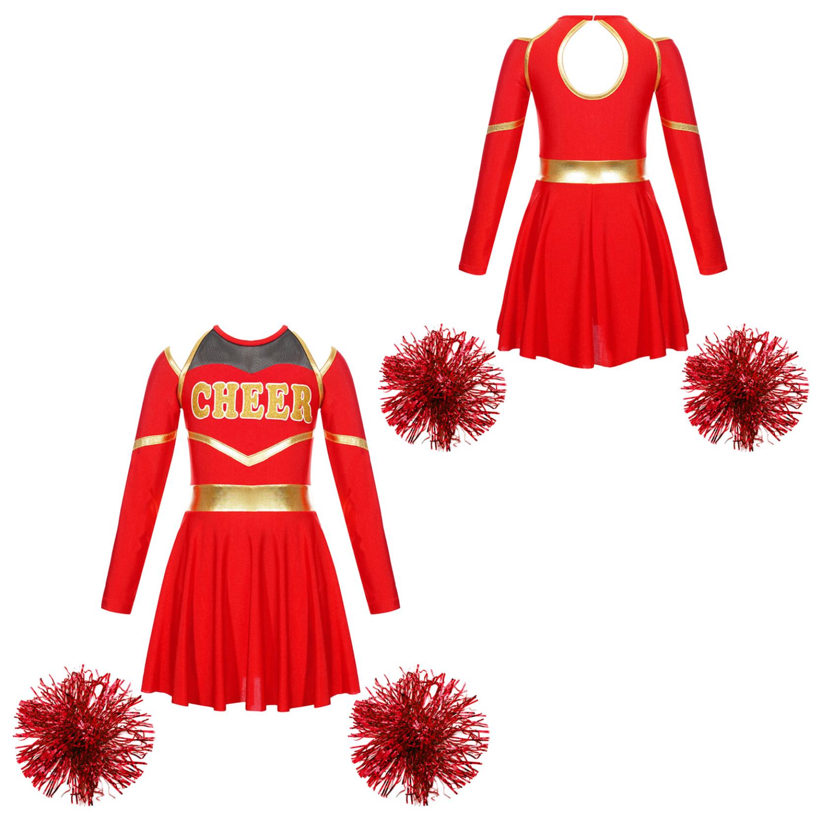 

Детские костюмы для выступлений в группе поддержки девочек с буквенным принтом, платье с длинными рукавами и замочной скважиной на спине и 1 пара цветов с кисточками 5-6 Years красный