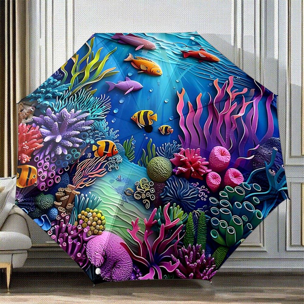 

Automatic Folding Umbrella with Underwater Coral Reef & Nemo Fish Design - 8-Rib Portable Collapsible Marine Life Umbrella, Au Iron&8K