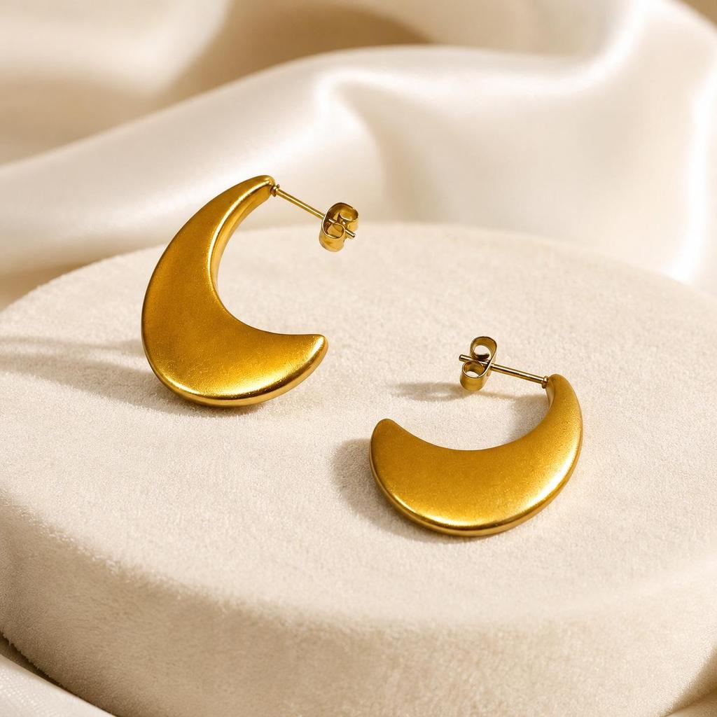 Trendy European & American Frosted Crescent Gold Stainless Steel Earrings