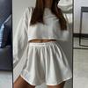 2 Teile/satz Frauen Top Shorts Outfit Aushöhlen Elastische Taille Lose Langarm O Hals Dünne Einfarbig Atmungsaktive Soft homewear T-shirt Shorts Set