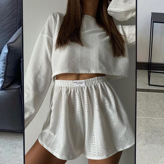 2 Teile/satz Frauen Top Shorts Outfit Aushöhlen Elastische Taille Lose Langarm O Hals Dünne Einfarbig Atmungsaktive Soft homewear T-shirt Shorts Set