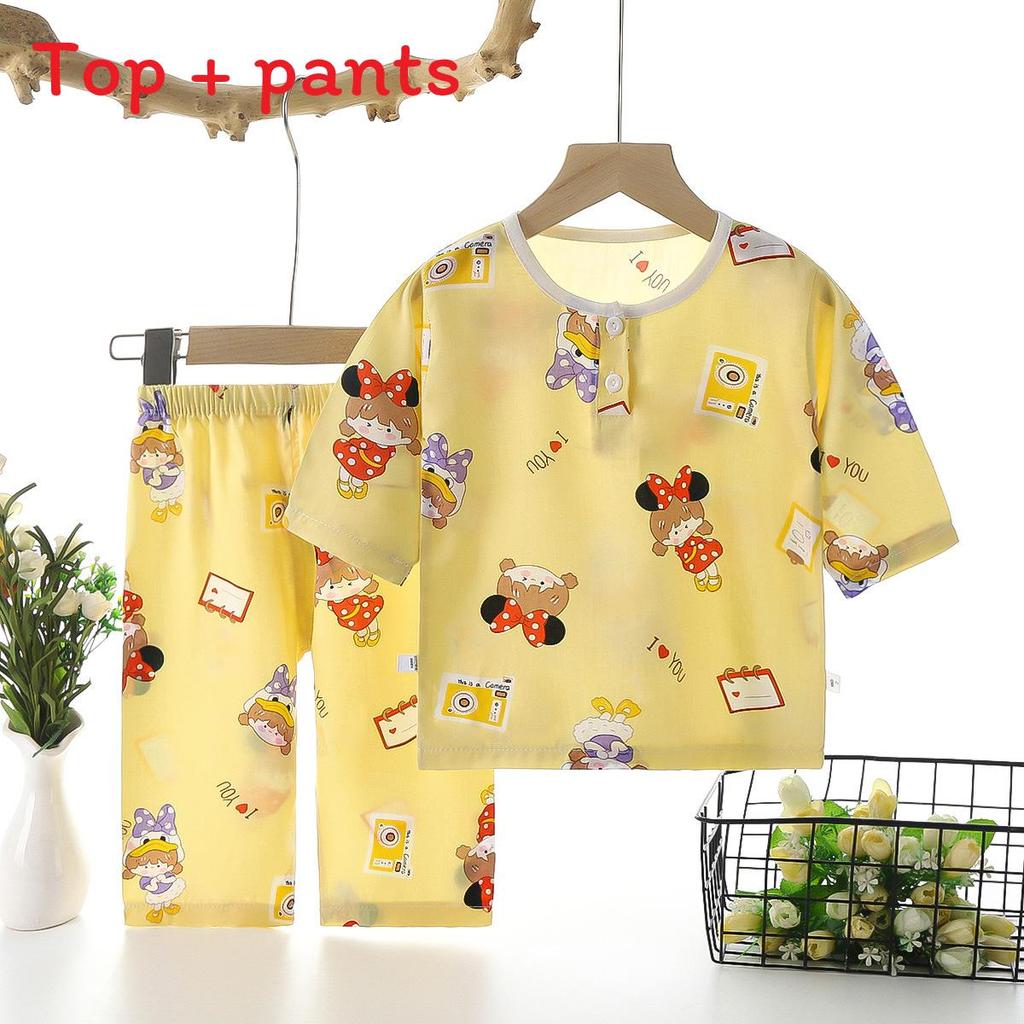 Dinosaur Kids Pajama Set With Cotton Satin Breathable Fabric For Summer Sleepwear