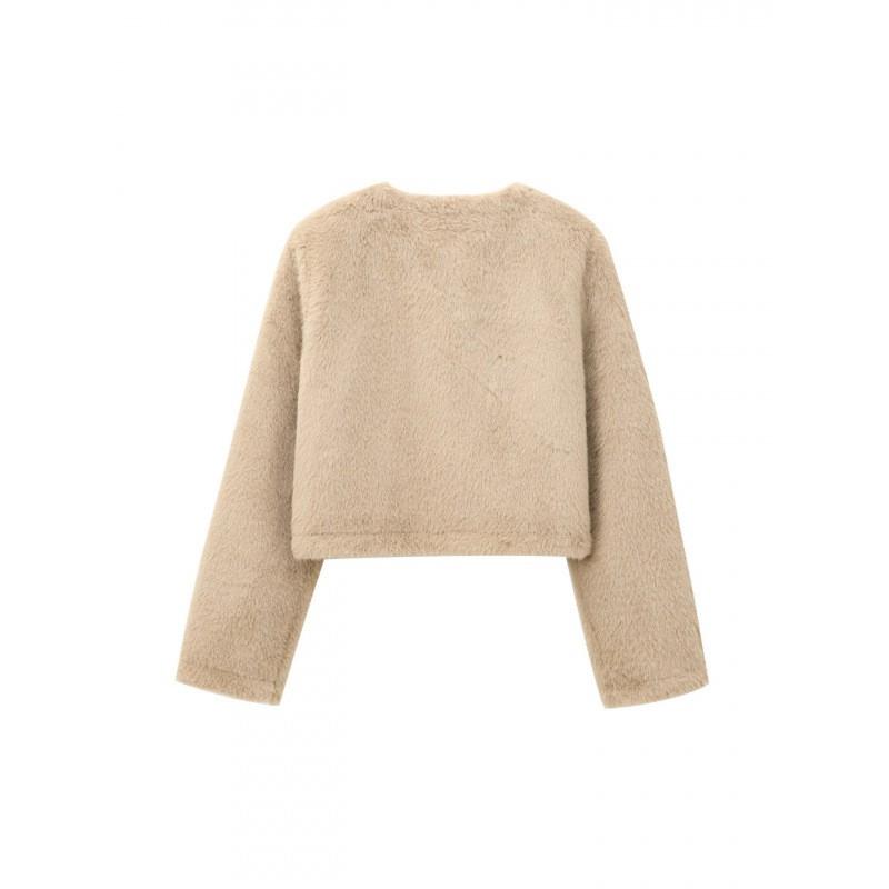 Womens Faux Fur Short Jacket Street Style Round Neck Long Sleeve Outerwear
