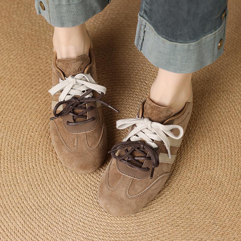 Fashion Women's Sneakers 2025 New Genuine Leather Ladies Moral Training Shoes Casual Spring Flat Shoes Women Lace-up Round Toe Pumps