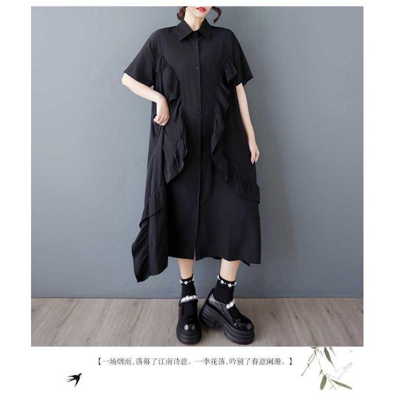 Summer Black Fungus Lace Shirt Dress, Loose and Fashionable Mid Length Dress