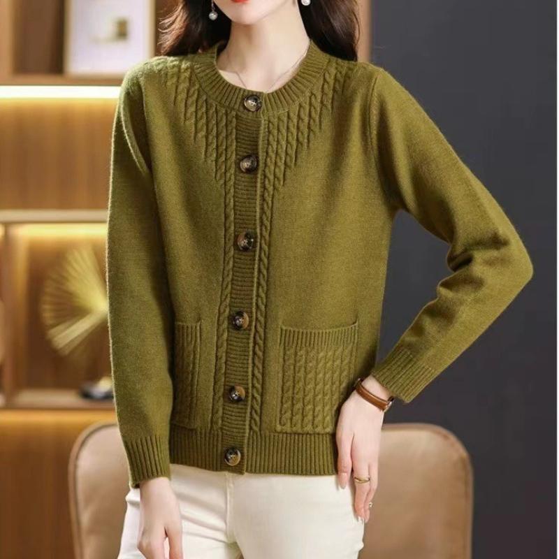 Kardigan s kulatým výstřihem a pleteným vzorem smažených koblih, dámský podzimní a zimní všestranný volný svetr s dlouhým rukávem