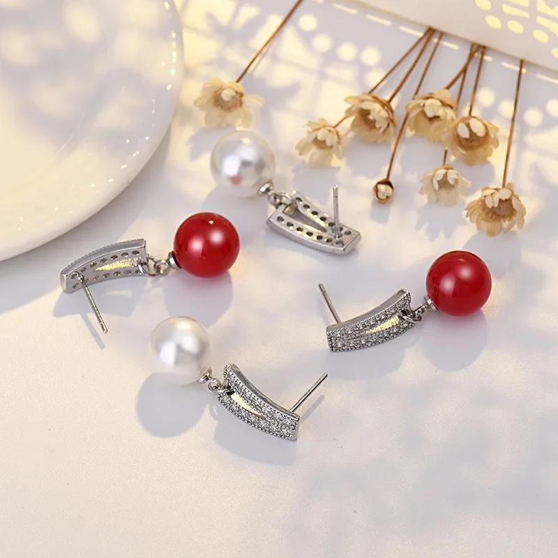New Fashion Women Pearl Stud Earrings Red/white Pearl Vintage  Silver Needle Small Earrings Female Chic  Accessories