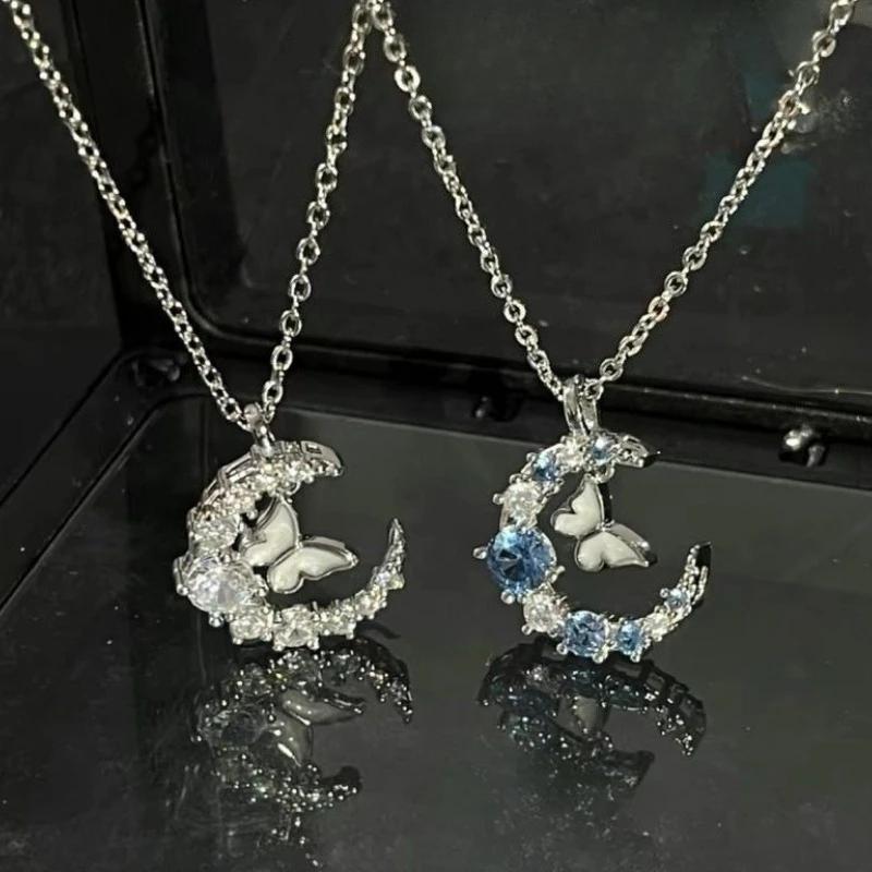 Korean New Butterfly Pendant Necklace for Women Fashion Sweet White Blue Zircon Moon Necklace Choker Chain Wedding Party Jewelry