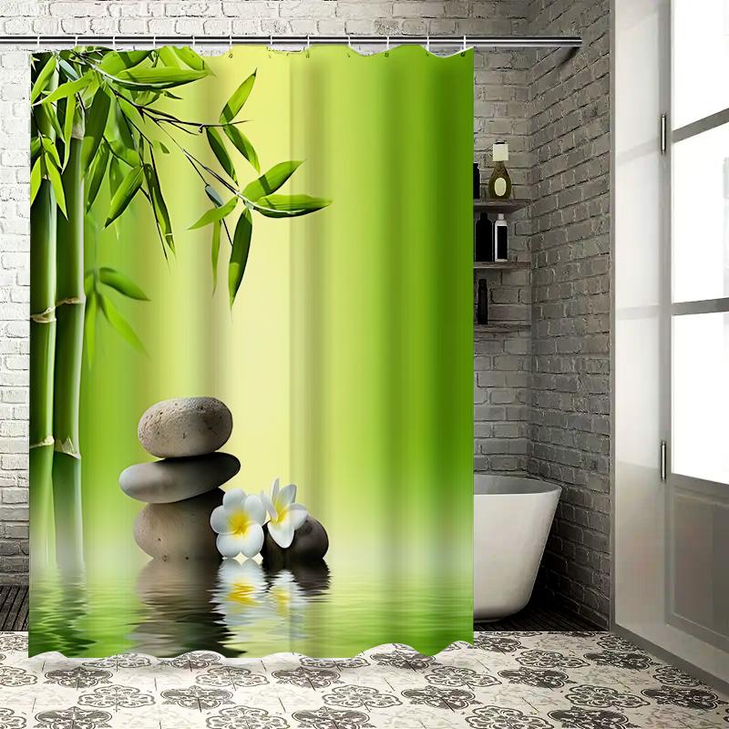 Elegant Bamboo and Stone Shower Curtain for Spa-like Relaxation - Water Lily and Green Leaves Design Waterproof Durable