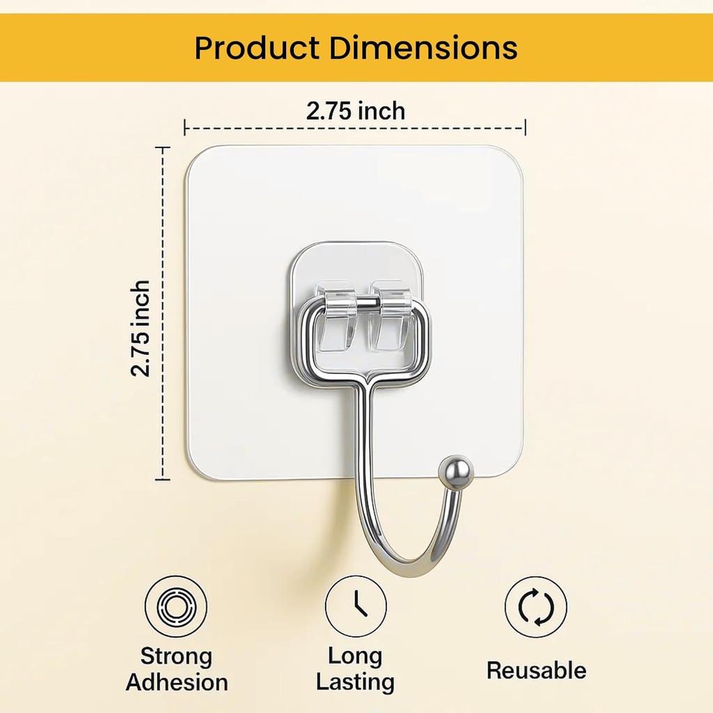 Big Size Transparent Wall Hooks for Hanging – Heavy Duty Stainless Steel Adhesive Hooks for Bathroom, Kitchen, Towel, Utensils & Keys – Waterproof