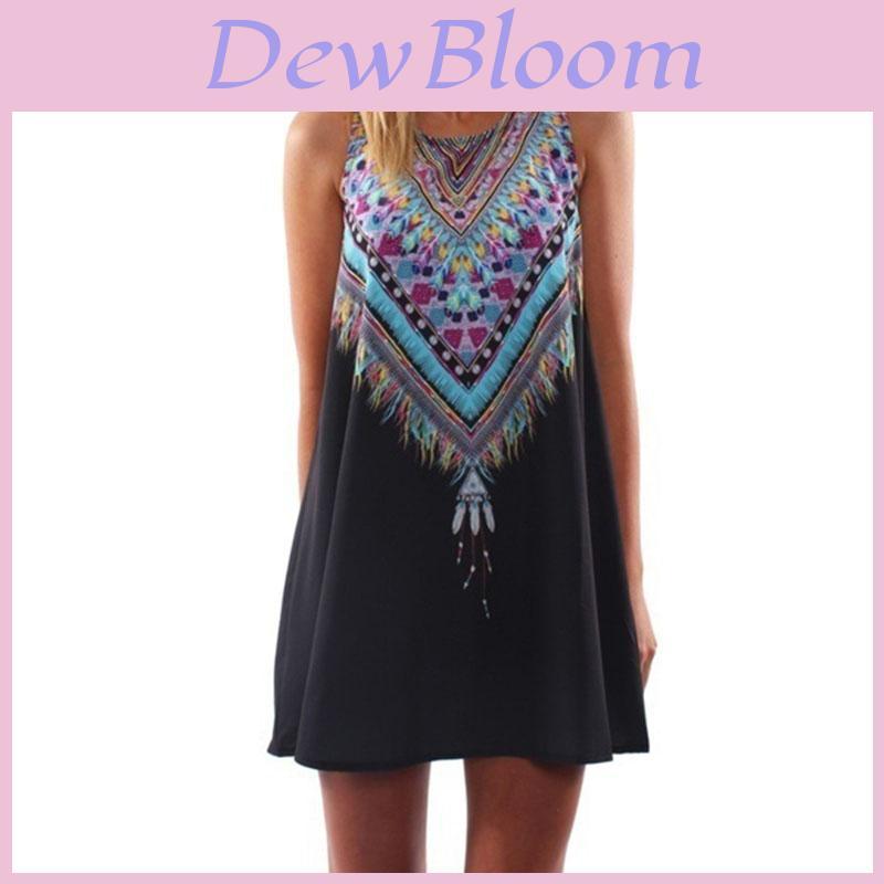 Dresses Women Loose Sleeveless Mini Dress Vintage Hippie Beachwear Boho