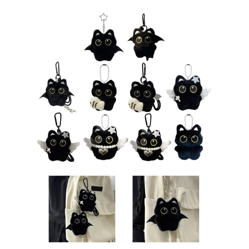 Black Cats Keychain Bag Charm With Ghostly Wing Soft Plush Lovely Style Christmas Halloween Gift Accessories
