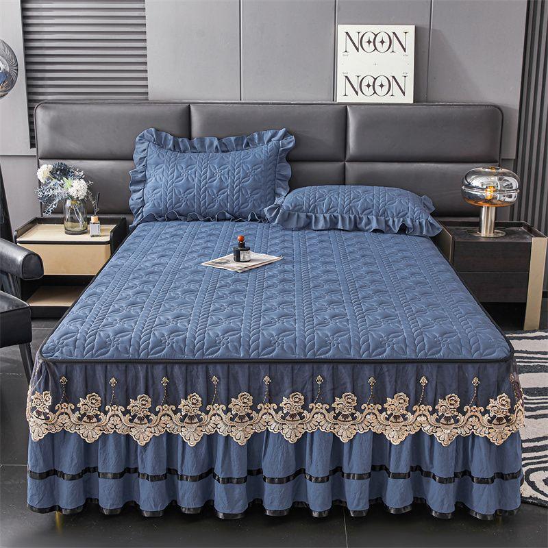 3PCS Padded Quilted Bed Skirt Set with Lace Embellishment, Includes 1 Bed Skirt and 2 Pillowcases, Easy Installation, Breathable , Ideal for Bedroom