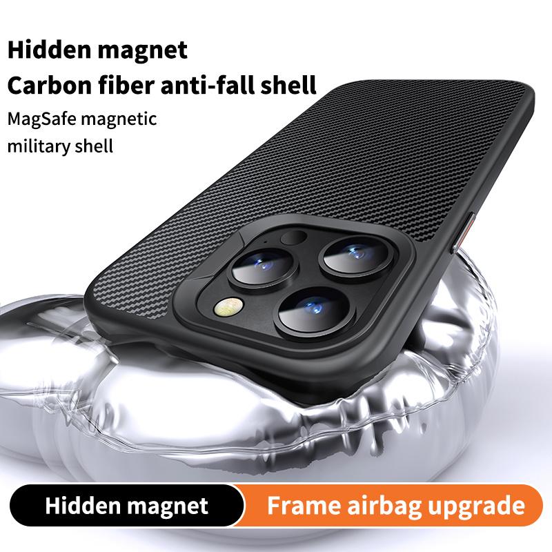 Premium Hidden Magnet Carbon Fiber Texture Anti-fall Shell For iPhone 17 Pro Max 16 15 14 Plus For Magsafe Anti-fingerprint Case