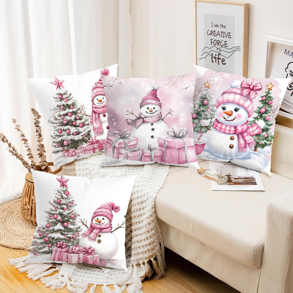 Pink Snowman Christmas Pattern Decorative Cushions Polyester Pillowcase, Sofa Decorative Cushion Cover, Bedside Throw Pillow