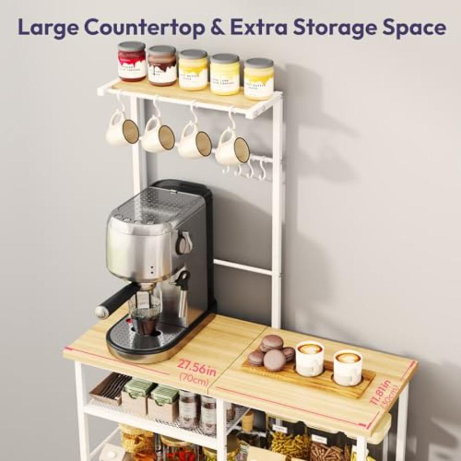 Bakers Rack with Storage Coffee Bar Cabinet Organizer with 8 Hooks Shelves Cabinet Door Coffee Station for Kitchen Dining Room