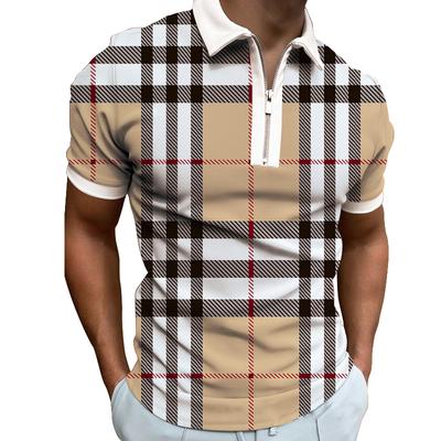 Herren Poloshirt mit Karomuster und Streifenmuster, Business-Casual, atmungsaktiv, Stretch, kurzärmelig, Reißverschluss