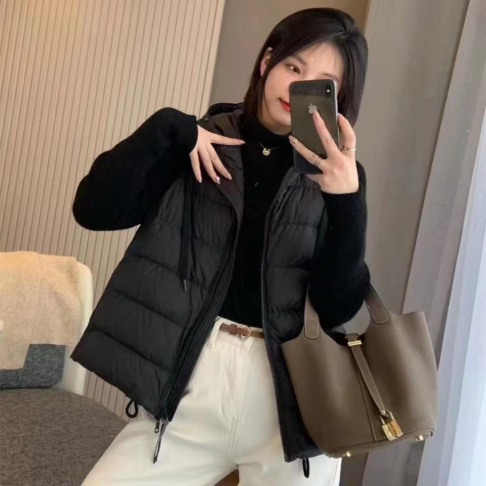 Autumn and winter white duck down knitted sleeves splicing high-end down jacket women's short hooded loose coat tide
