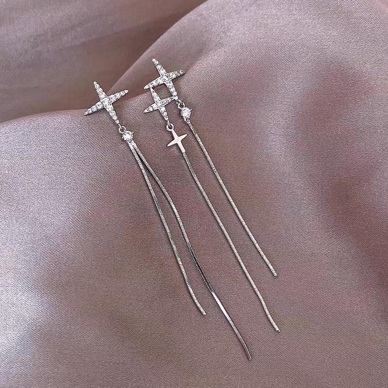 Design Sense Personality Long Star Tassel Cross Earrings Women's 111 Silver Needle Temperament Show Face Skinny Earrings Earrings