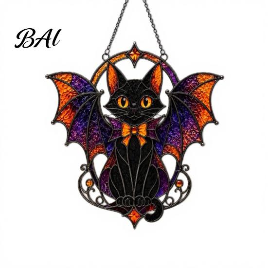 Entrance Greeting Sign Halloween Bat Cat Suncatcher, Stained Glass Style Acrylic Sun Catcher, Gothic Black Catcher Hanging Ornament for Home