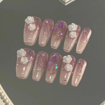 Three-Dimensional Milk White Camellia Wearing Nail Aurora Square Diamond Shiny Fragments Nail Art Piece Purple Galaxy Nail Art