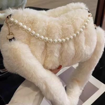 Autumn Winter New High-end Textured Plush Women's Handbags Fashionable Pearl Chain Small Square Tote Bag Portable Detachable Shoulder Strap Armpit Bag