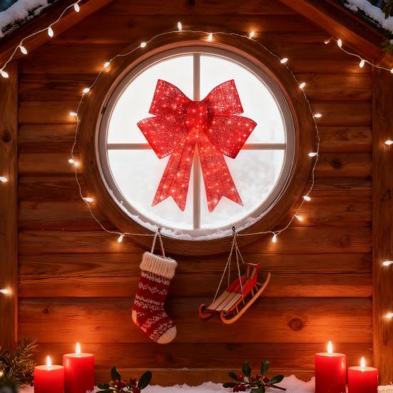 LED Christmas Bow Decoration Outdoor Holiday Yard Decor with Red Lights Timer-controlled Holiday Bow Lights