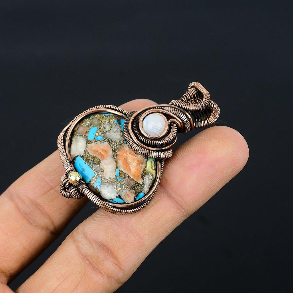 Multi Copper Spiny Oyster Pendant, Handmade Gemstone 999 Copper Wire Wrapped Pendant Antique Jewelry, For Gift Silver Jewelry