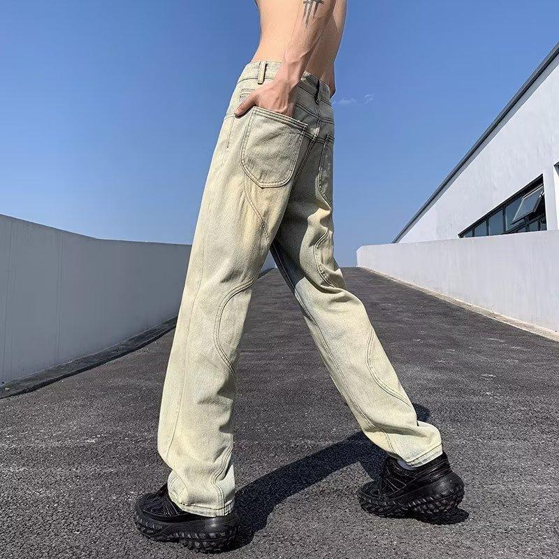 Guochao American Vibe Pants High Street Washed Old Black and Gray Jeans Men's Loose Straight Drape Wide-leg Pants