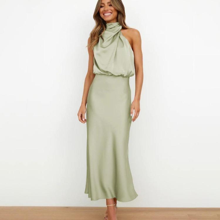 Elegant Women Summer Halter Sleeveless Long A-Line High Waist Solid Color Evening Dresses