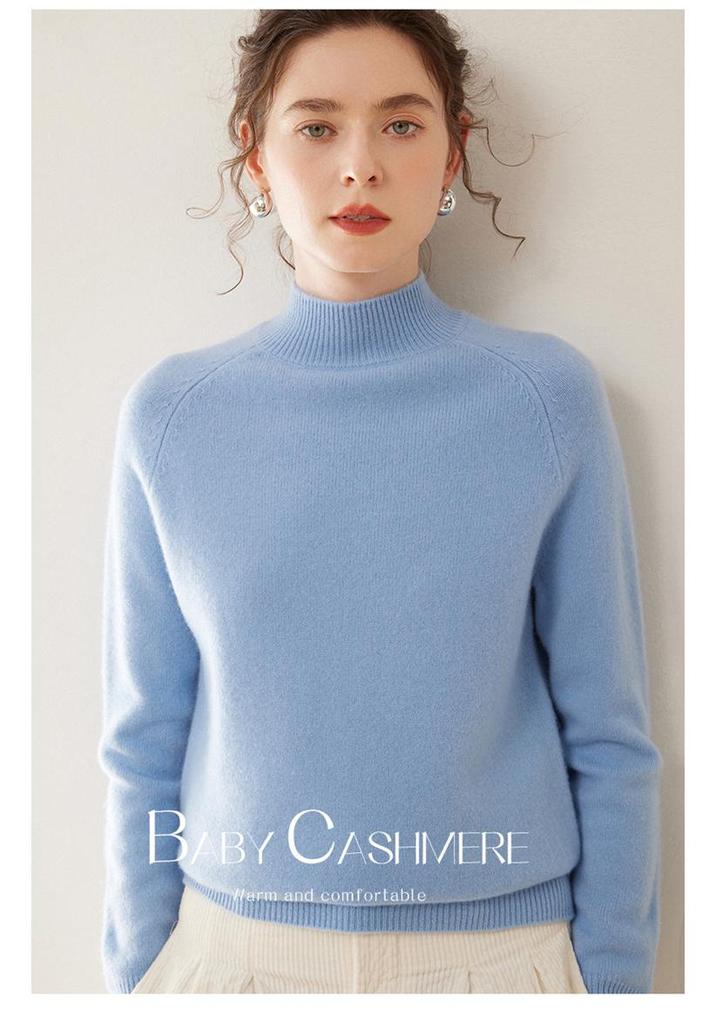 Women's 100% Pure Cashmere Soft Knit Sweater, Half-High Neck, Loose, Skin-Friendly, Slimming Base Layer