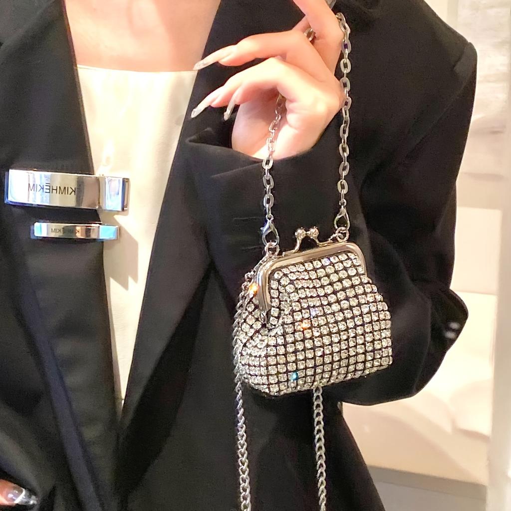 Trendy Mini Rhinestone Kiss Lock Crossbody Bag For Girls Cute Punk Evening Shoulder Purse With Detachable Metal Chain Strap Ideal For Parties Outings
